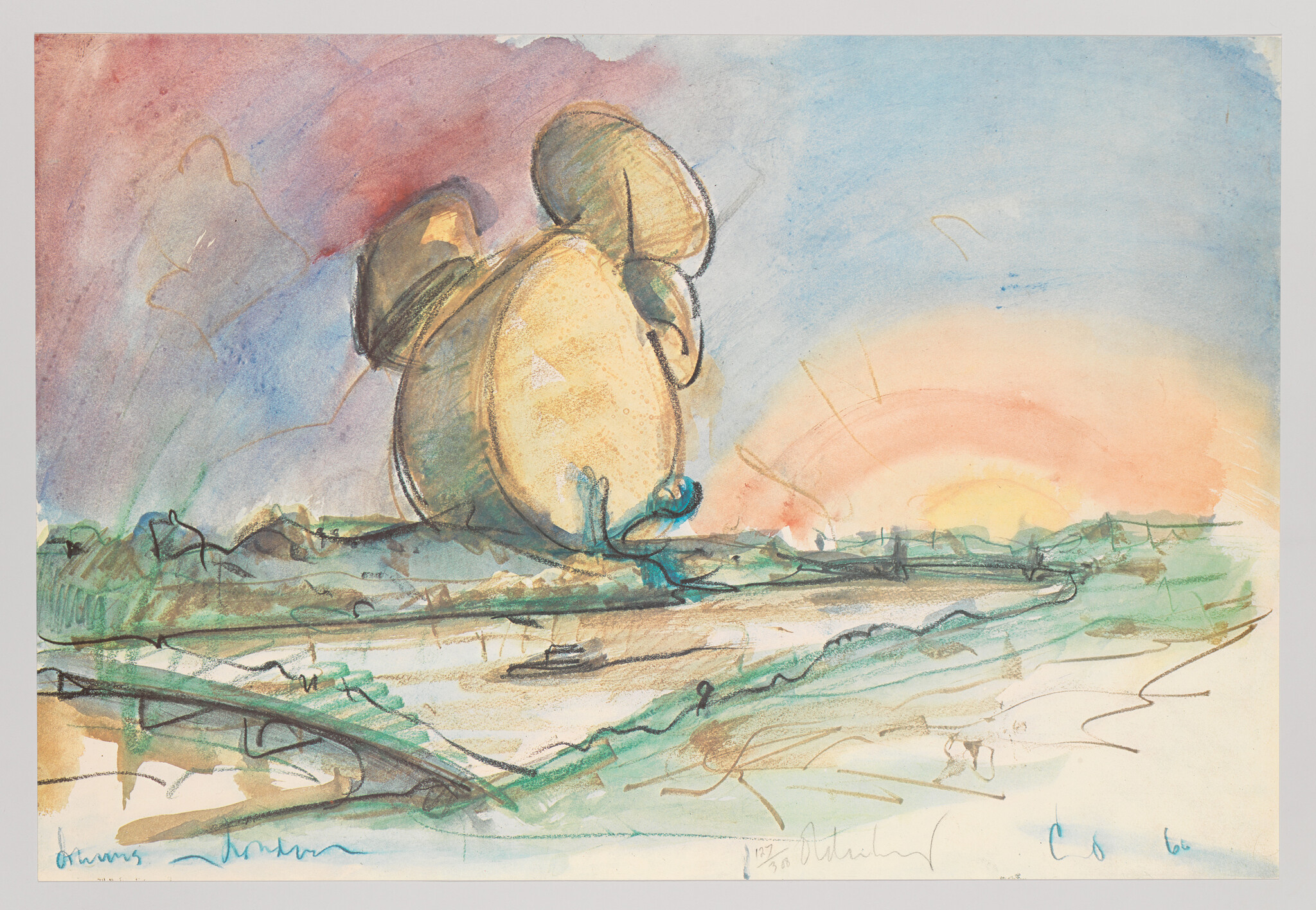 A giant alarm clock lies on a riverside hill while a small figure pushes it toward sunrise.