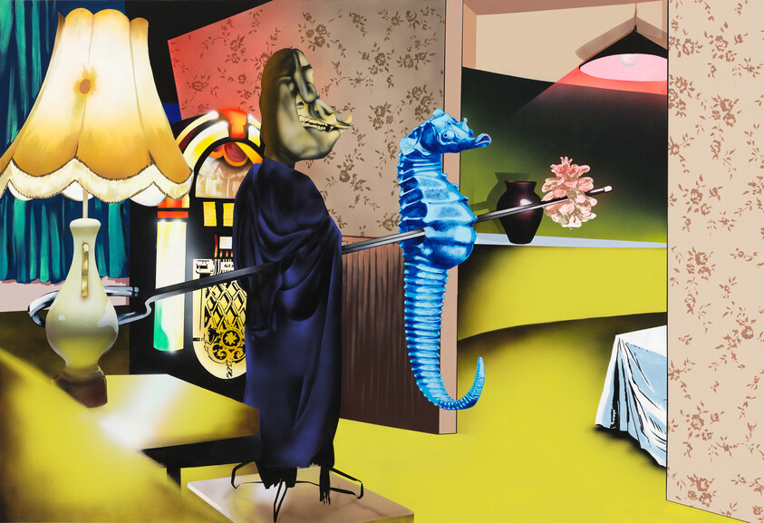 A cloaked figure wearing a mask holds a large blue seahorse on a pole in a retro room.
