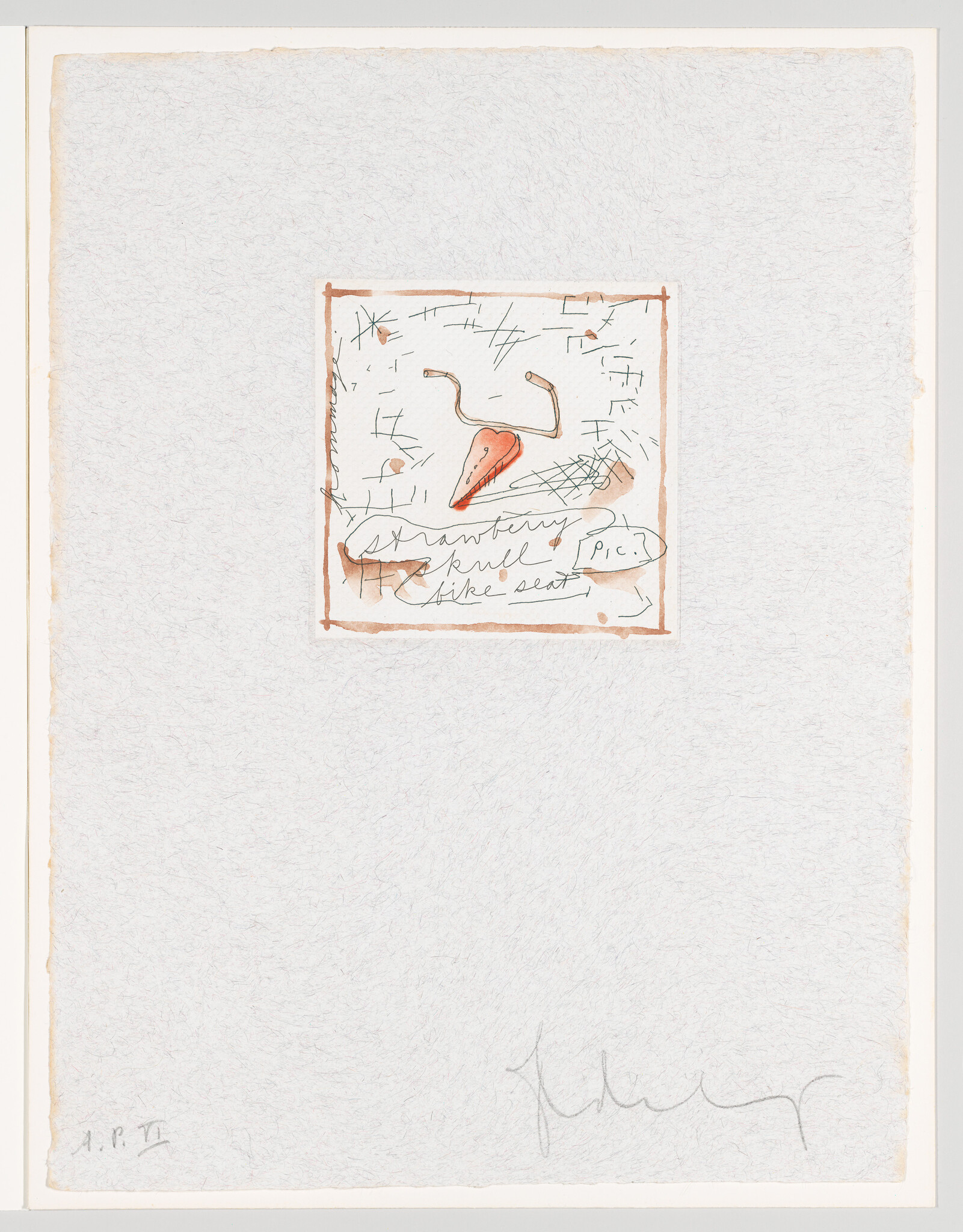 Small ink and watercolor sketch shows a red triangular object with scribbled notes reading 'strawberry skull like seat'.