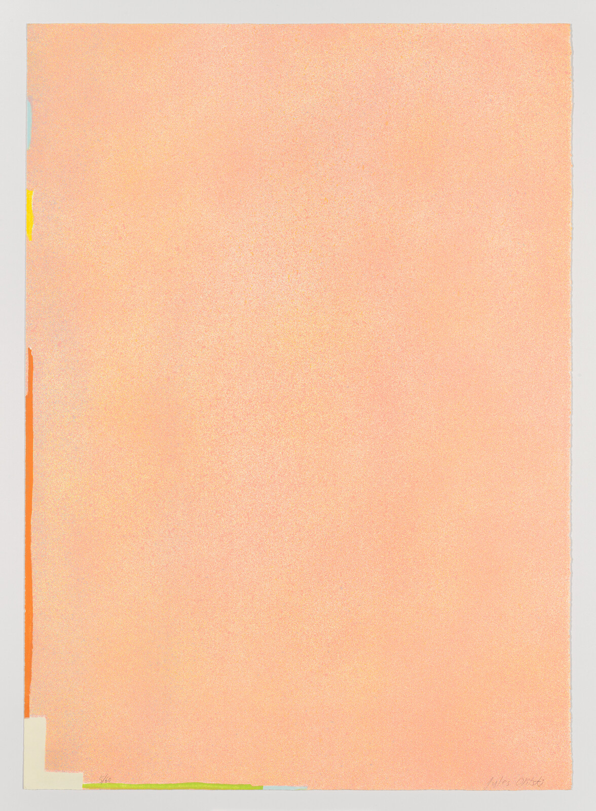 Large peach-colored paper with faint texture and narrow multicolored strips along the left and bottom edges.