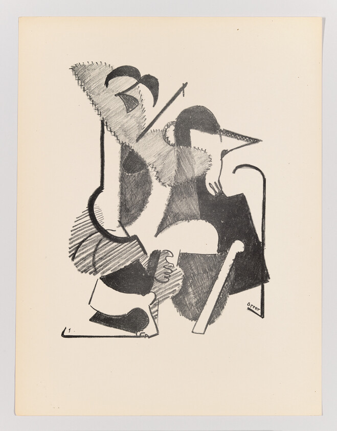 A black and white abstract cubist print featuring geometric and fragmented shapes that suggest a figure playing a stringed instrument. The artwork is signed at the bottom right corner.