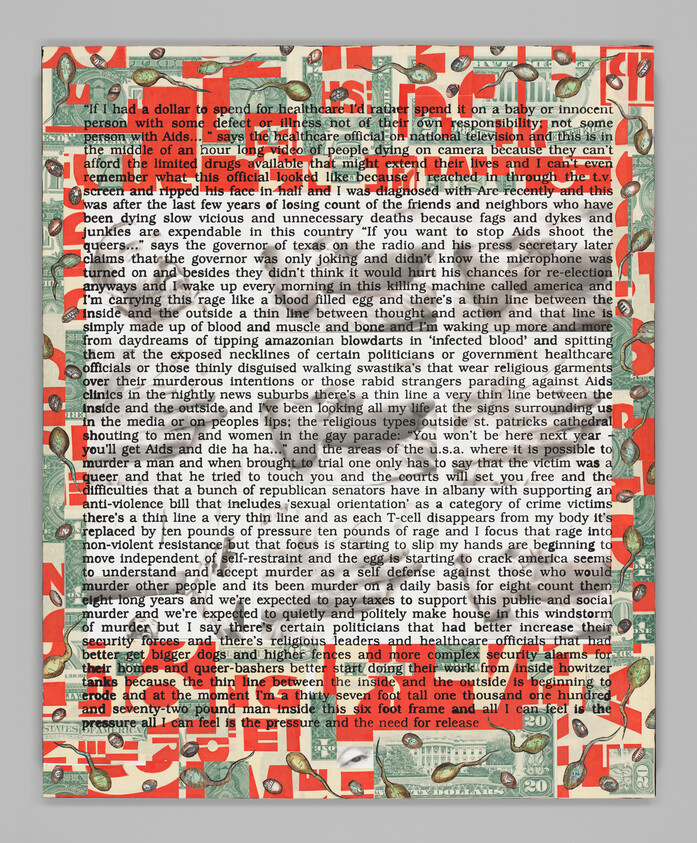 Dense block of typed text about AIDS and politics over a patterned red-and-green collage background.