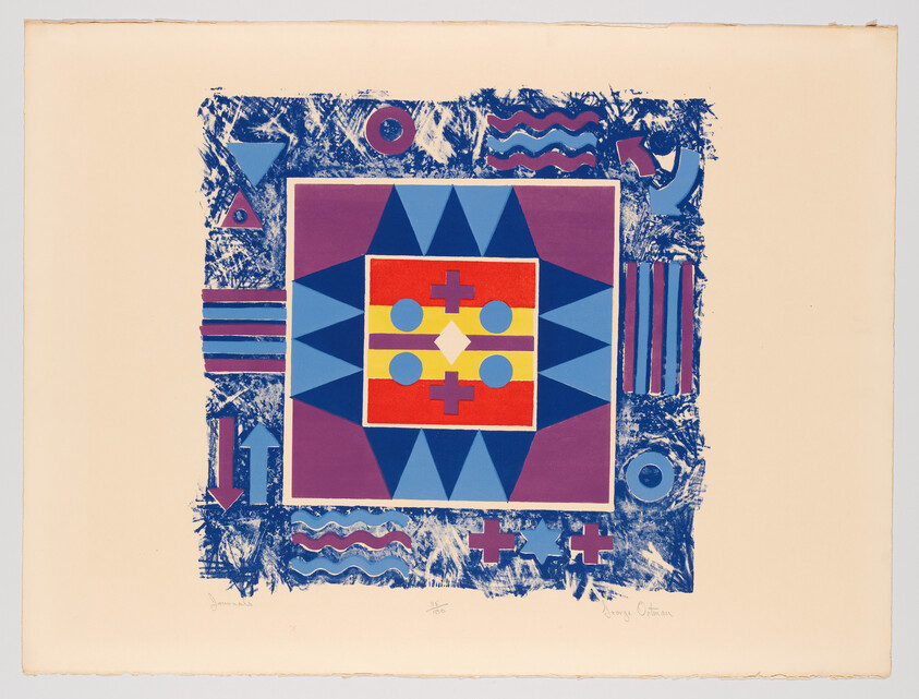 Colorful geometric abstract print with central square, star-like blue shapes, and symbolic icons around.