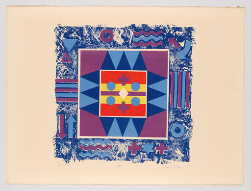 Colorful geometric abstract print with central square, star-like blue shapes, and symbolic icons around.