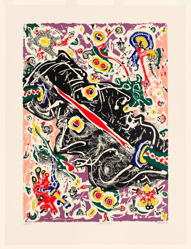 Abstract colorful print showing a large black shape pierced by a diagonal red stripe amid playful symbols.