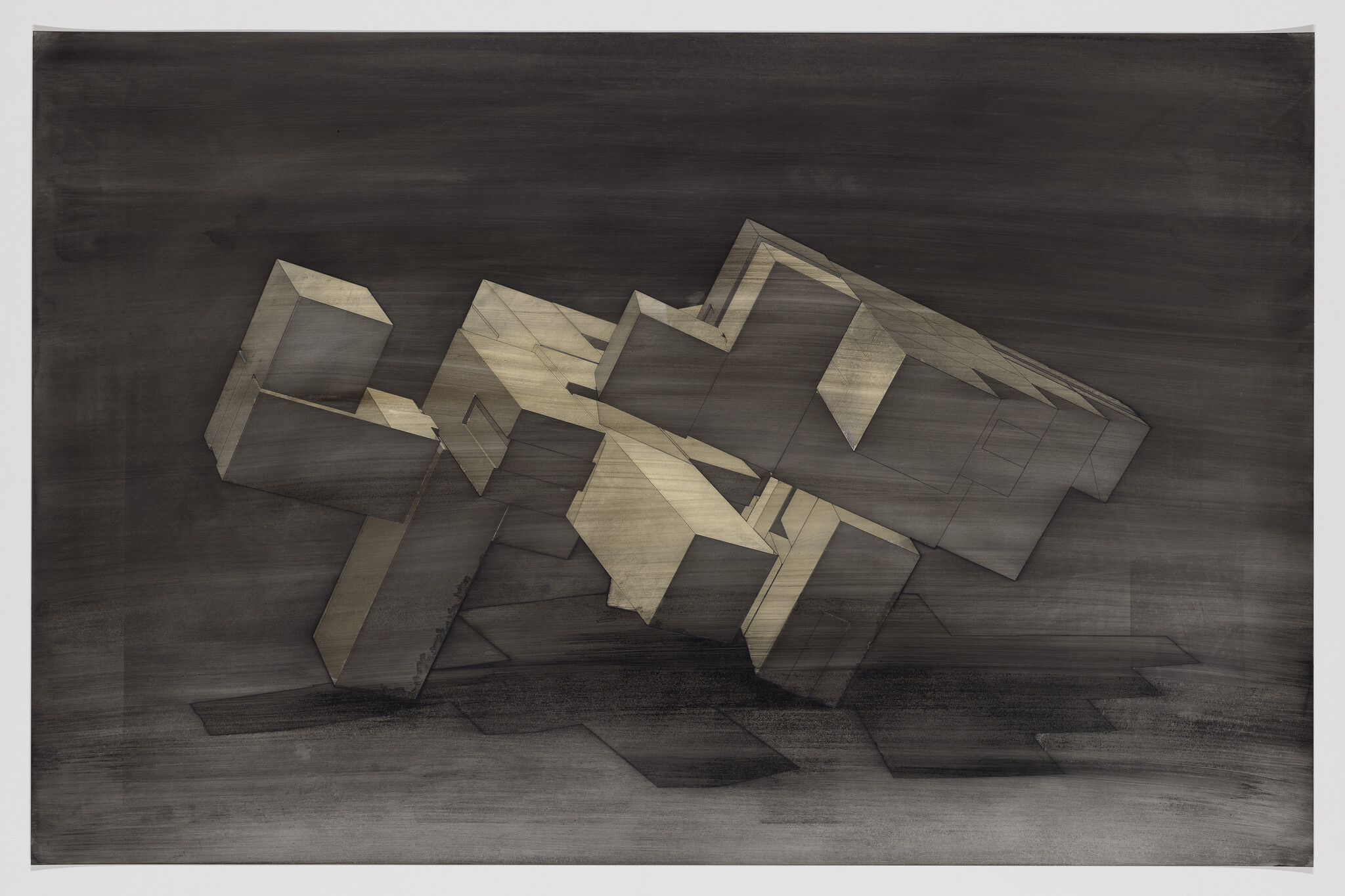 A cluster of beige geometric blocks appears to float diagonally over a dark textured background.