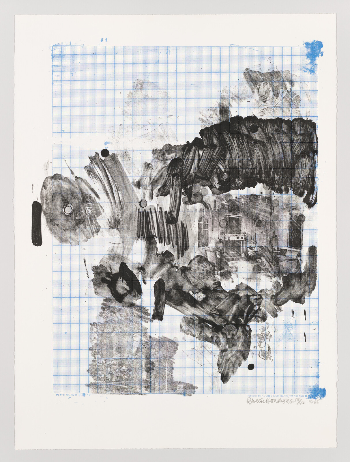 Black ink brushstrokes and smudges overlay blue graph paper with faint architectural drawings.
