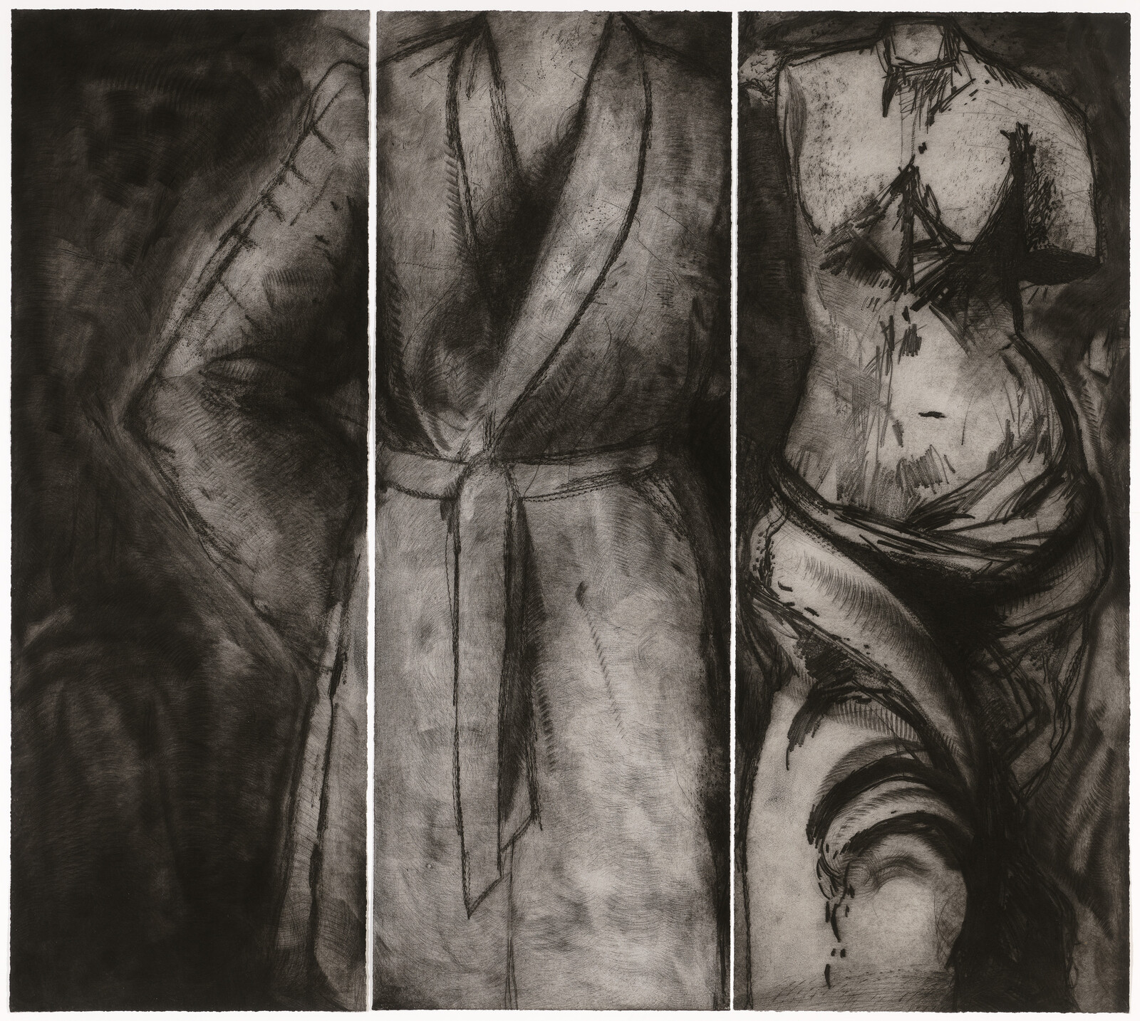 A triptych of black and white charcoal sketches depicting abstracted sections of a human figure. The left panel shows a close-up of fabric folds, the middle panel focuses on a tied waistband, and the right panel features an upper torso with a harness-like garment, all rendered with expressive lines and shading.