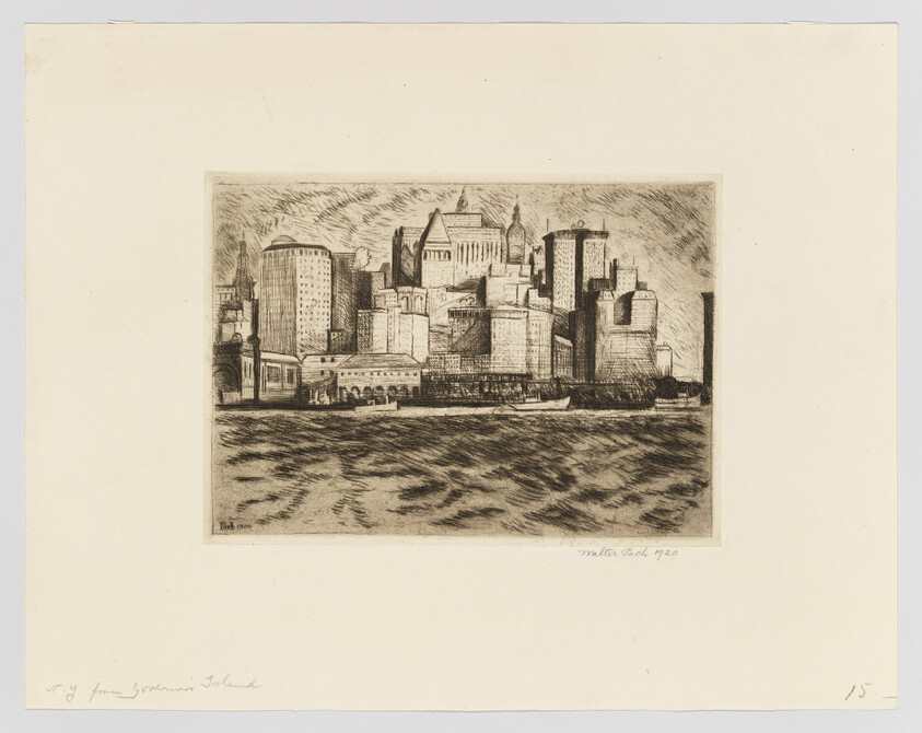 A detailed etching of a dense city skyline seen across choppy waterfront waters.