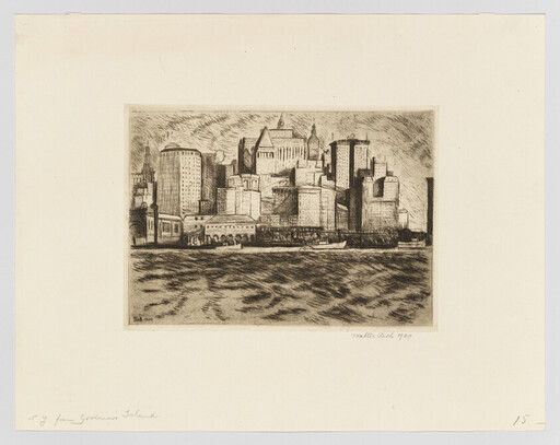 A detailed etching of a dense city skyline seen across choppy waterfront waters.
