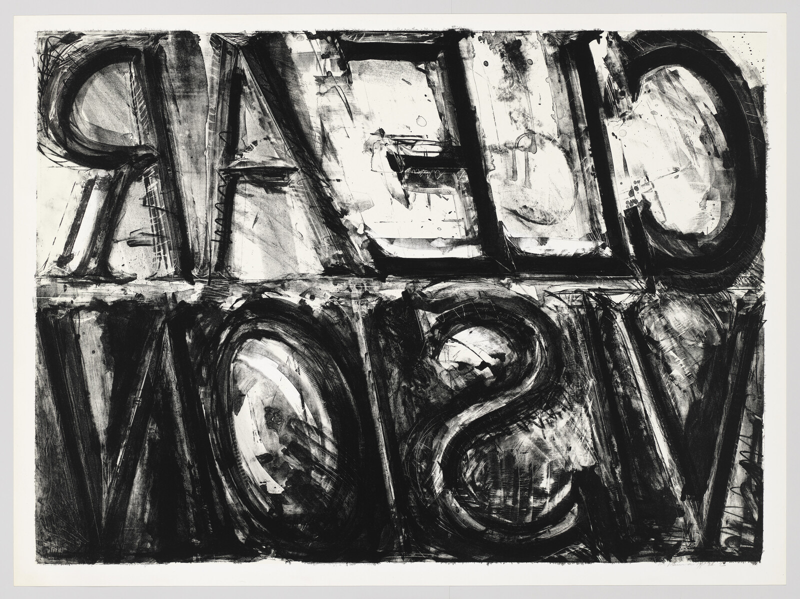 Large bold black letters and numbers painted roughly across a white background.