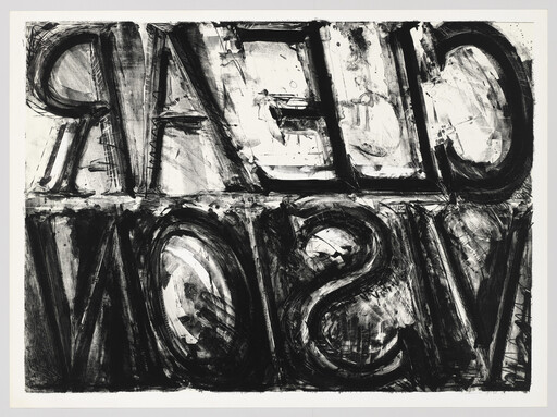 Large bold black letters and numbers painted roughly across a white background.