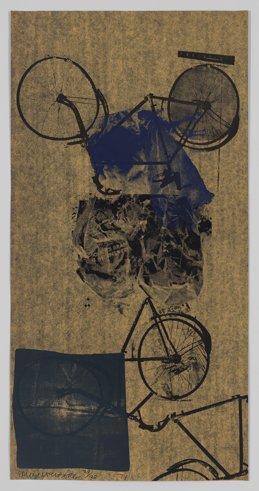 Two inverted bicycle outlines and crumpled paper textures layered in blue and black on brown.