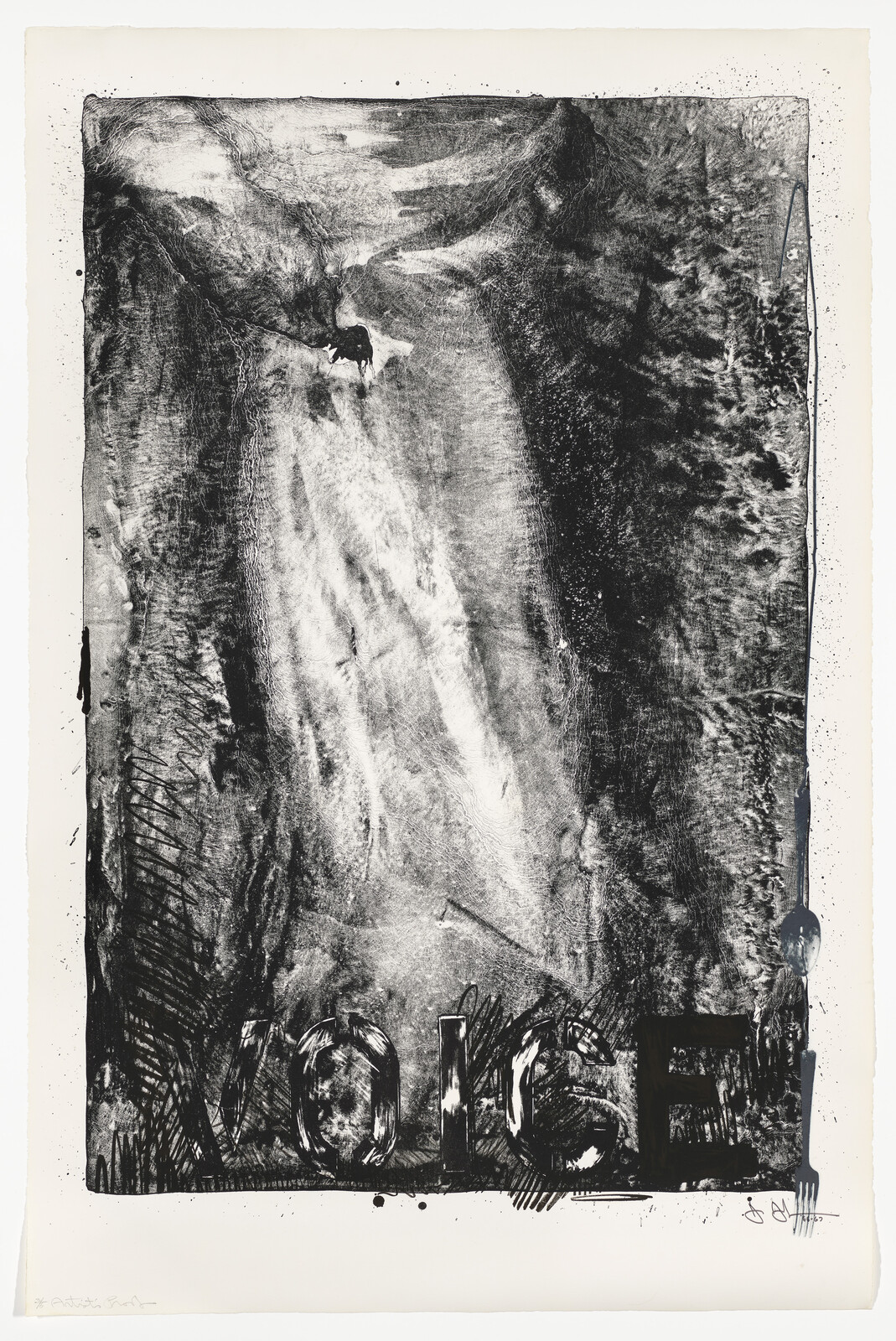 Large abstract black-and-white textured print with the word VOICE stenciled across the bottom.