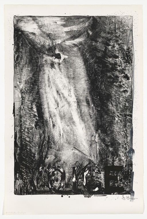 Large abstract black-and-white textured print with the word VOICE stenciled across the bottom.