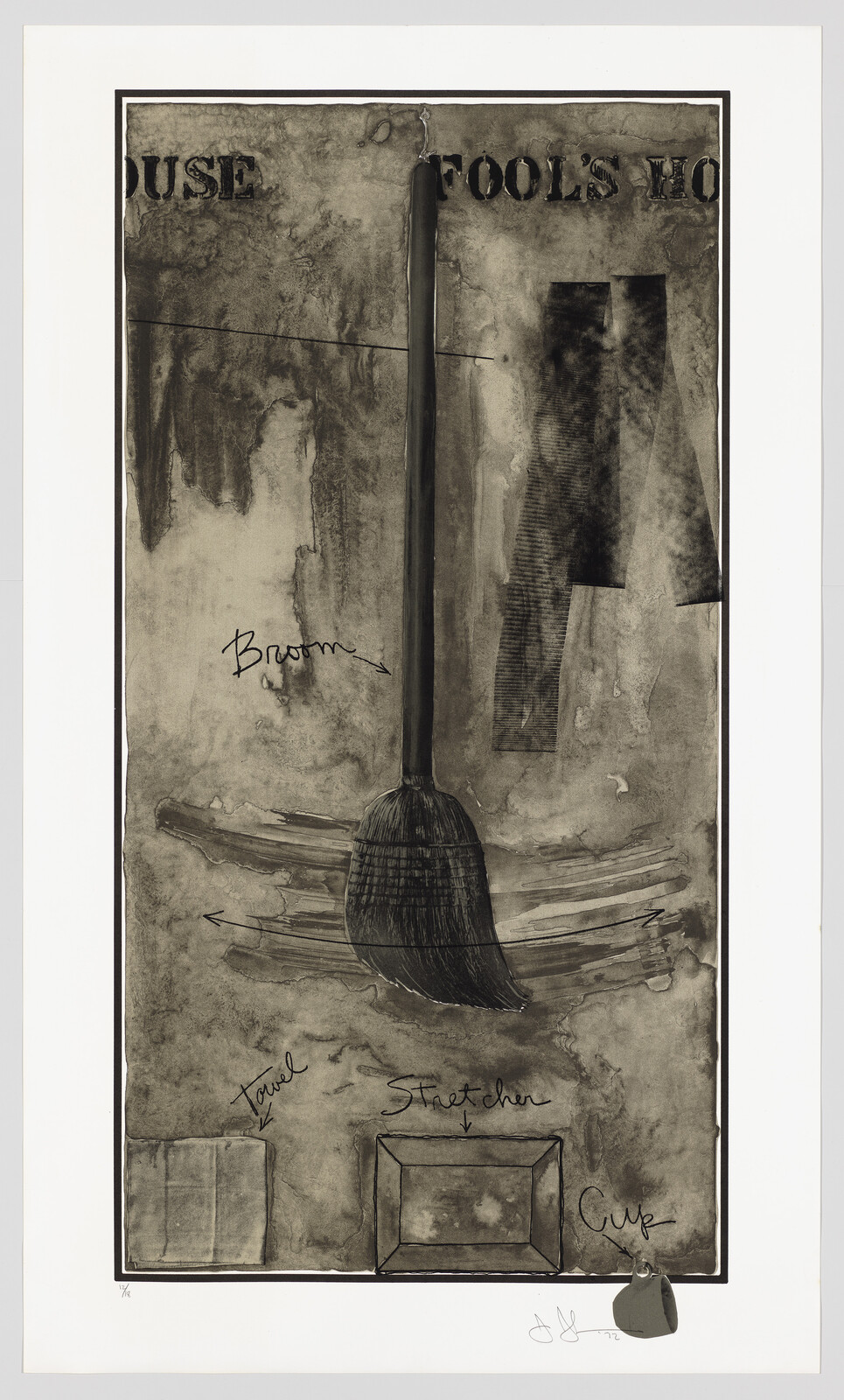 A charcoal broom on an inky background is suspended above a table, stretcher and mug; each object respectively labeled in cursive script. The fragmented block letters spelling "Fool's House" at the top.