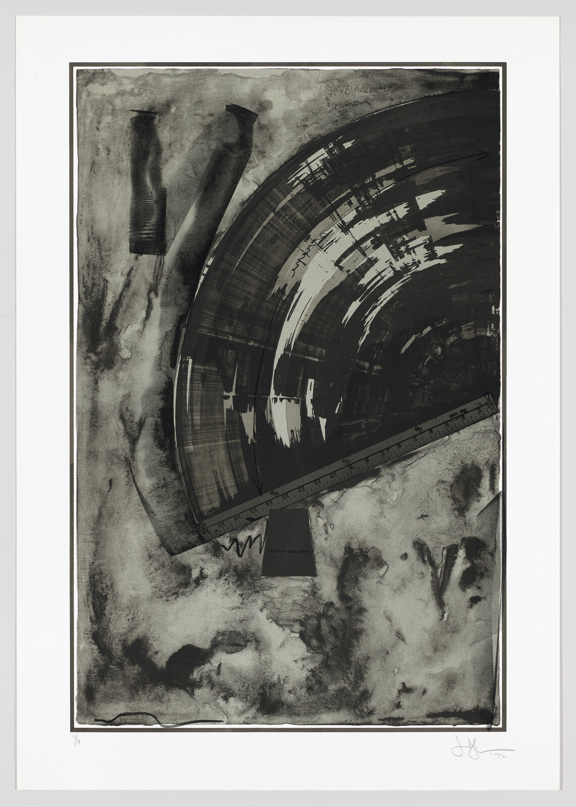 Large dark semicircular shape with ruler laid across a textured abstract background.