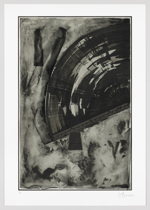Large dark semicircular shape with ruler laid across a textured abstract background.