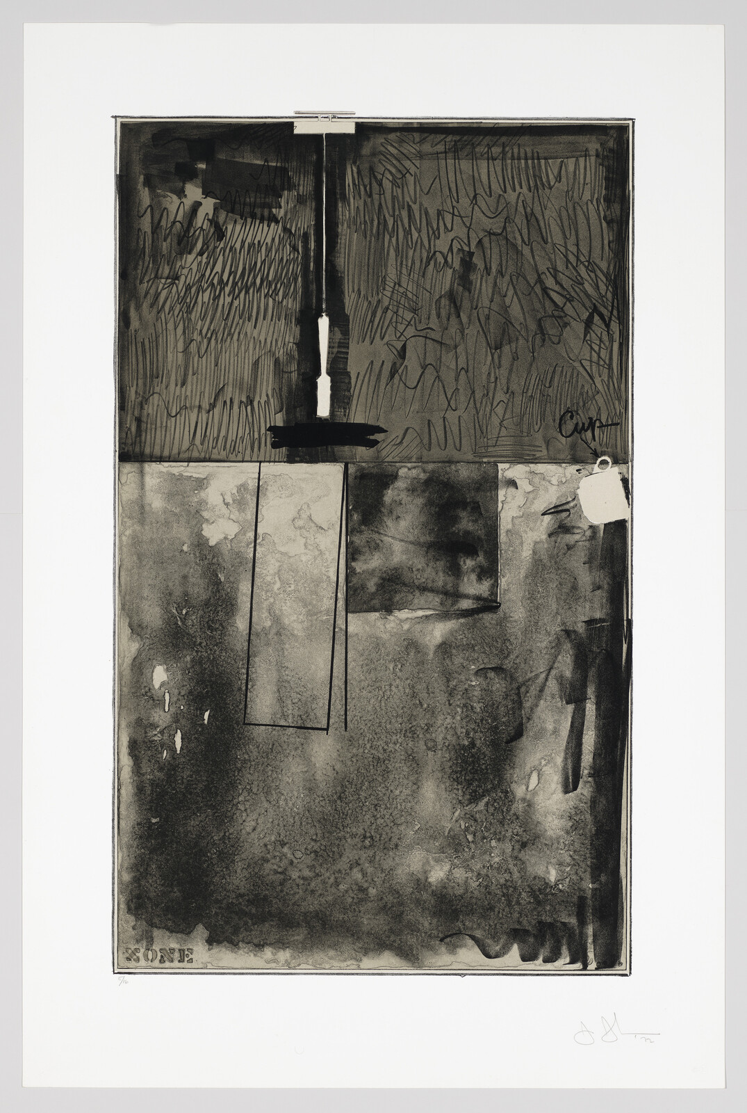 Abstract black-and-gray rectangular composition with scribbled top section and textured wash below.