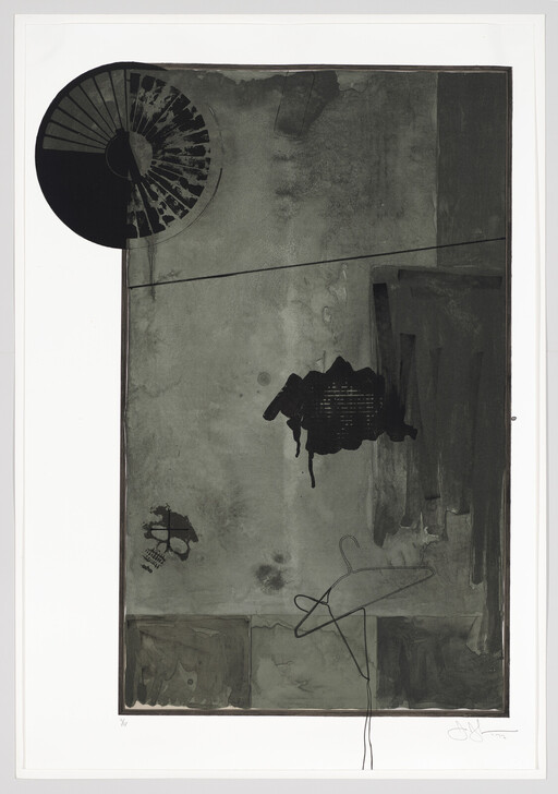 Dark abstract composition with a circular fan, dripping black blotch, and a twisted wire hanger.