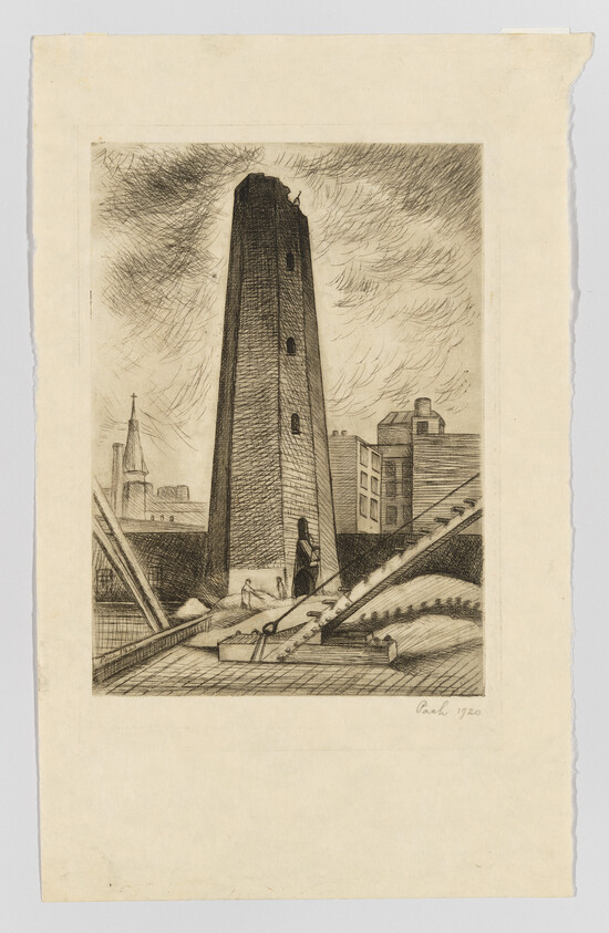 Tall brick industrial tower rises above gears and workers in an urban factory yard.