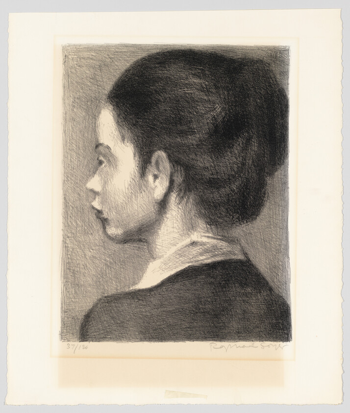 A black and white lithograph of a woman in profile view, with her hair styled in a bun. The artwork is signed and numbered at the bottom, suggesting it is part of a limited series. The image is mounted on a larger sheet of paper with rough edges.