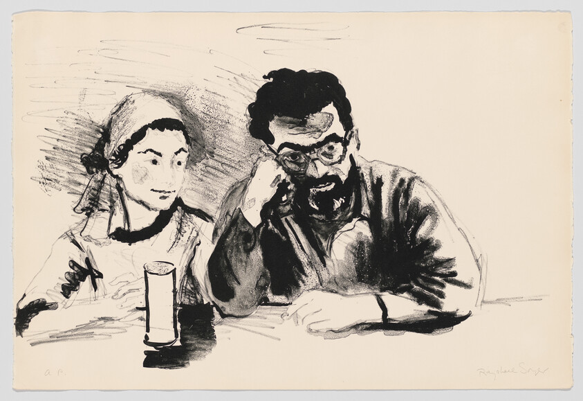 A black and white lithograph depicting a man and a woman seated at a table, with the man resting his chin on his hand and the woman holding a pen. A glass of liquid sits on the table. The artwork has expressive, sketch-like qualities and is signed by the artist in the bottom right corner.