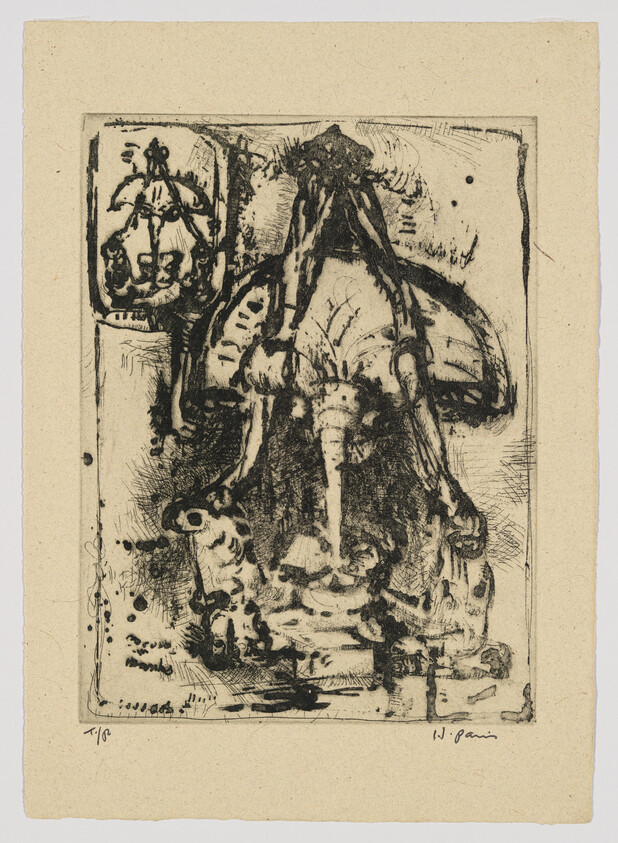 A dark ink etching showing an abstract elephant-like head with a long trunk and tusks.