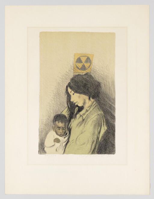 A woman holding a child looks down with a radiation warning symbol displayed above them.