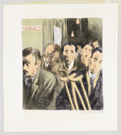 A group of weary men sit closely in a room, one man holding wooden crutches.