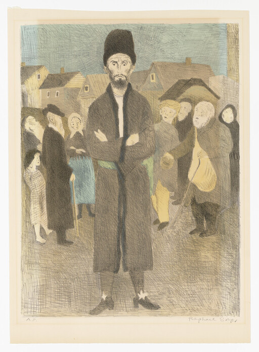 A tall bearded man in a long coat and hat stands with arms crossed while villagers watch.