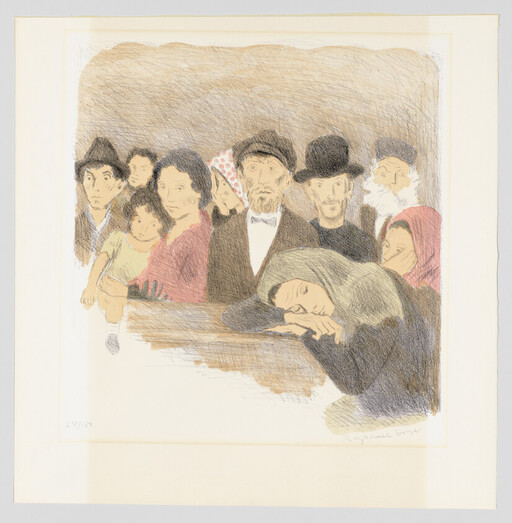 A crowded group of weary people with a woman resting her head on folded arms.