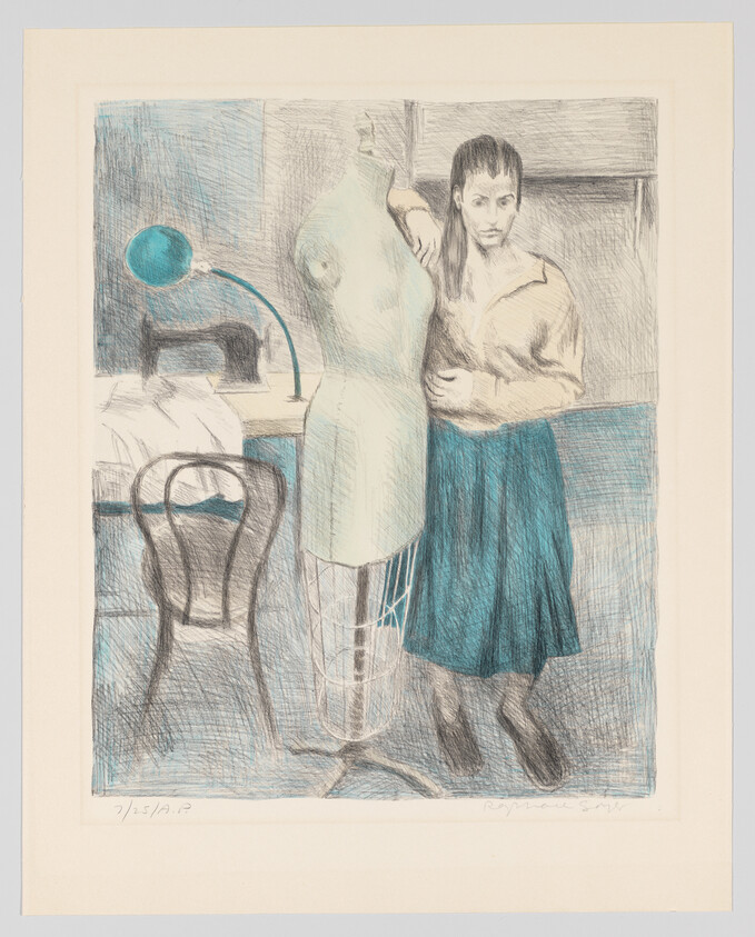A pencil drawing depicting a woman standing next to a dress form and a sewing machine on a table. The woman is wearing a blouse and a skirt, and she appears to be in a contemplative pose, with her hand resting on the dress form. A chair is visible in the background, and the artwork has a sketch-like quality with soft colors.