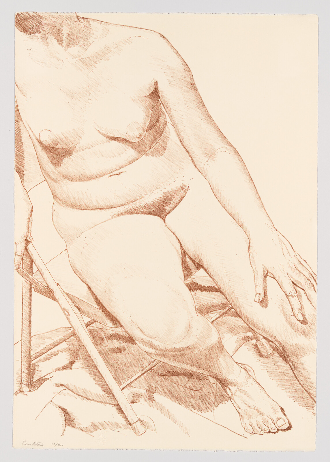 A seated nude woman sketch with hand resting on her thigh and legs crossed on a chair.