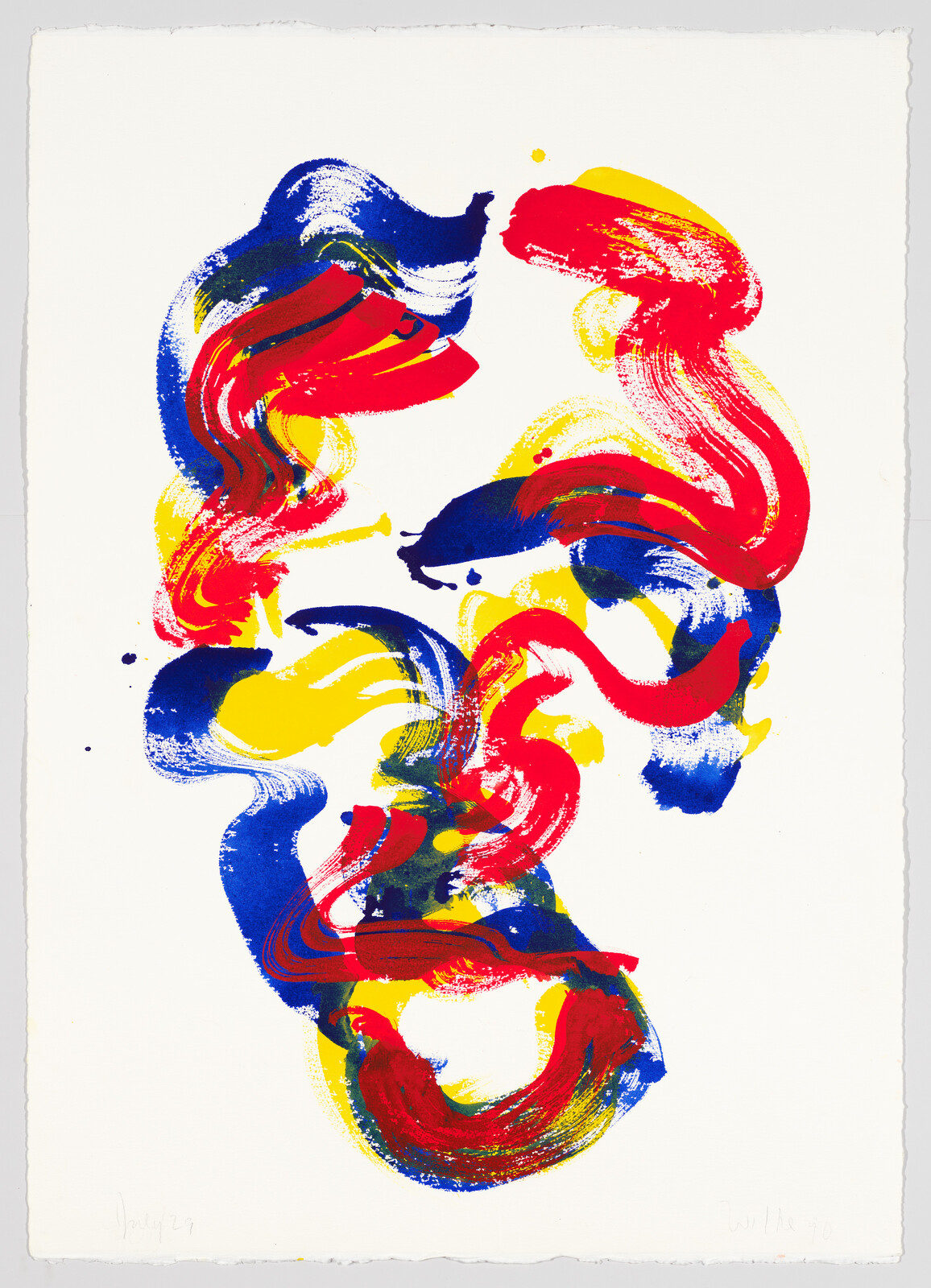 A vibrant abstract painting featuring bold, swirling strokes of blue, red, and yellow paint on a white background. The colors overlap and mix in places, creating new shades and a sense of movement. The artwork is signed and dated at the bottom.