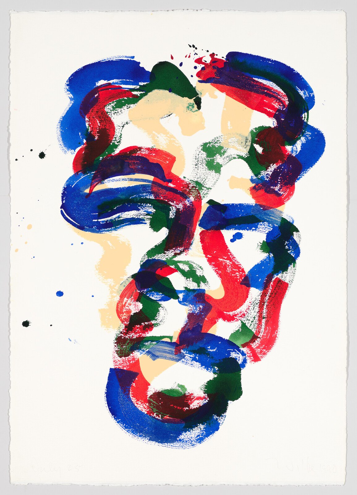 An abstract painting featuring bold, swirling strokes of red, blue, green, and yellow on a white background, with splatters of paint scattered around, suggesting a sense of movement and energy. The artwork has a raw, textured edge, and there's a signature at the bottom right corner.