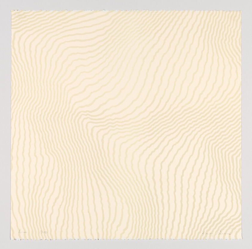 A monochromatic artwork featuring a series of undulating, parallel lines that create a wavy pattern across the entire canvas. The lines vary slightly in thickness and are set against a pale background. The image has a calming, rhythmic quality reminiscent of topographical lines on a map or ripples on the surface of water.