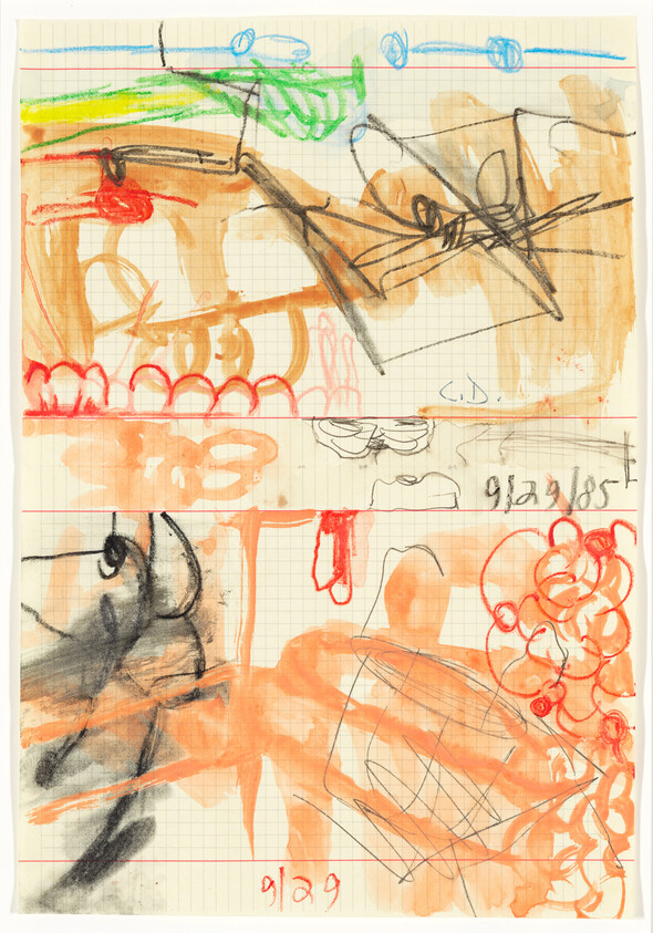 Loose colorful abstract sketches and scribbles, including orange washes and black charcoal marks on graph paper.