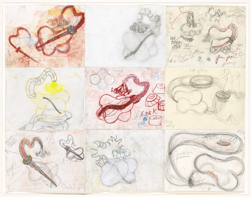 Nine small sketches showing looping, organic shapes and doodled notes across a grid.