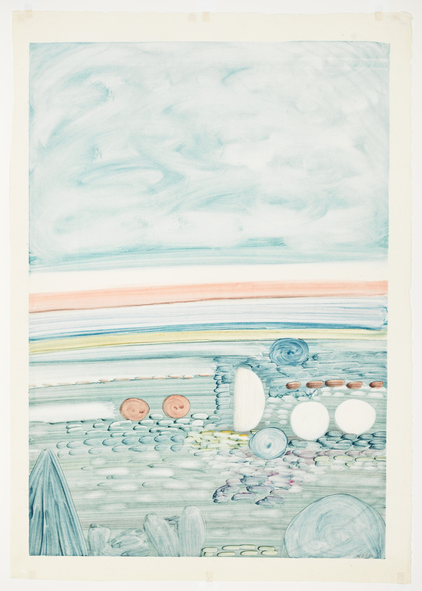 A vertical abstract painting featuring a soft blue sky with swirling patterns at the top, transitioning into horizontal bands of color including peach, yellow, and various shades of blue. Below the bands, an array of circular and oval shapes in muted tones suggest a stylized landscape or seascape with pebble-like forms. The artwork has a dreamy, serene quality, and is executed with delicate brushwork. Visible paper edges and tape indicate the piece is likely unframed.