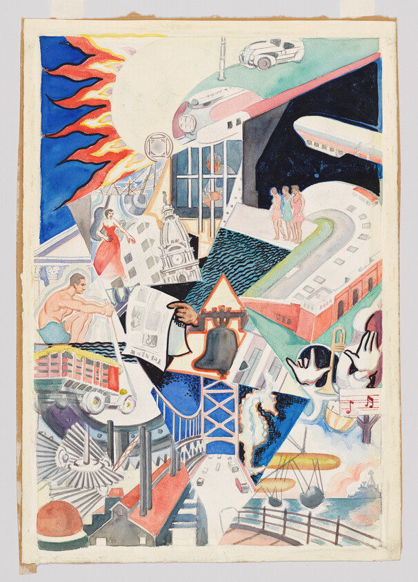 Colorful collage showing industrial and transportation scenes with a ringing bell and people.