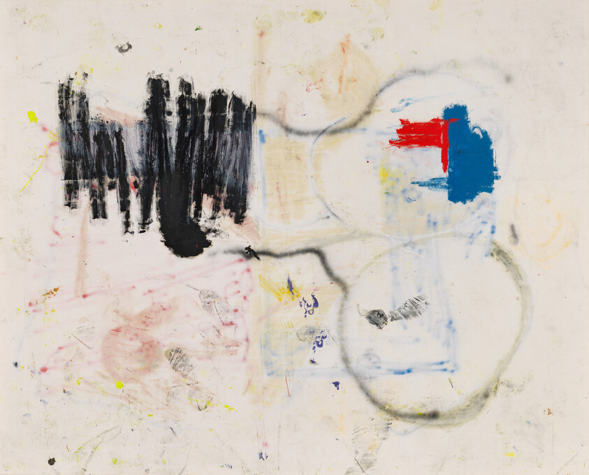 Abstract painting with bold black vertical brushstrokes left and small red and blue paint blocks right.