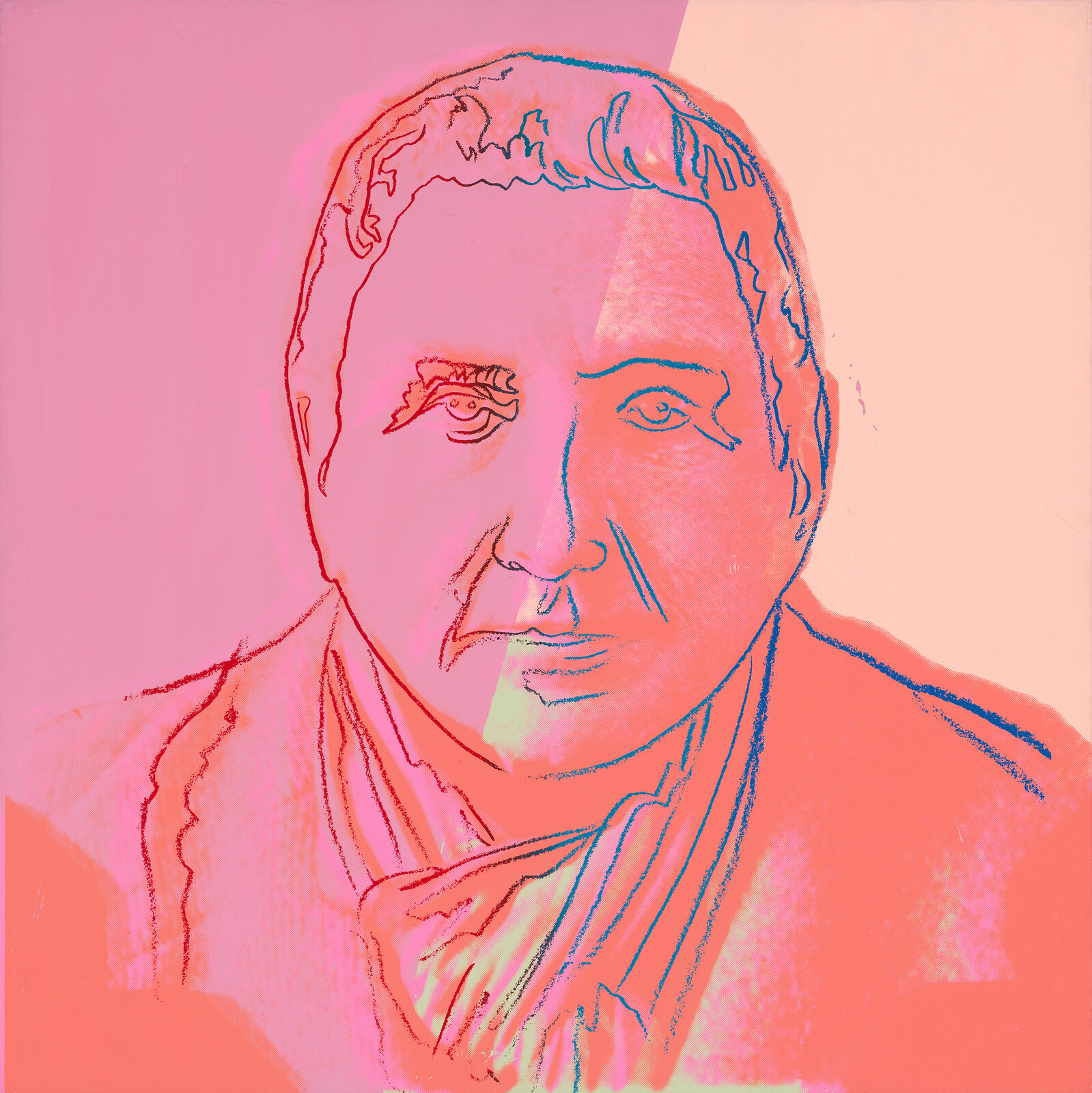 Stylized portrait with vibrant pink and orange hues, featuring a person with a solemn expression.