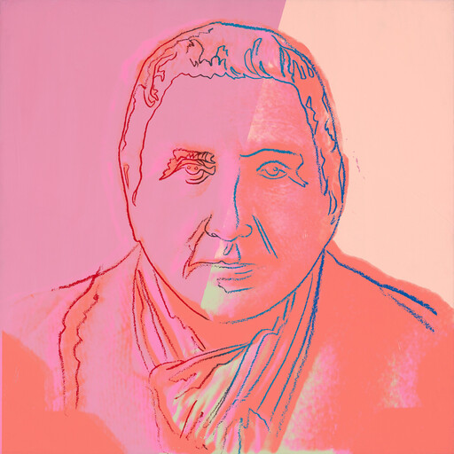 Stylized pink and orange portrait sketch of a serious man wearing a scarf.