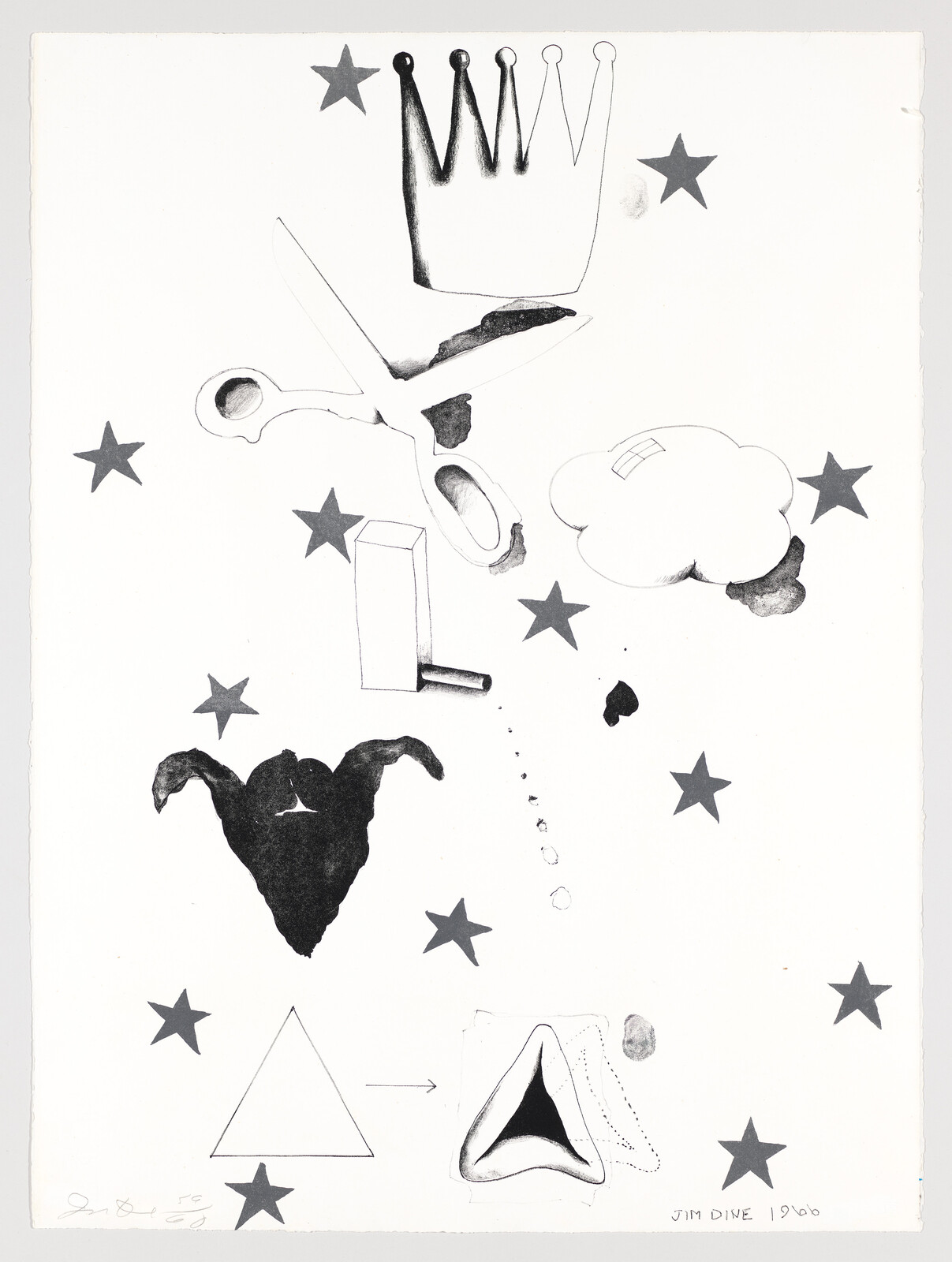 A black and white abstract artwork featuring a variety of shapes and objects including a crown, scissors, a cloud, stars, and a heart, with some elements appearing to be collaged onto the paper. The composition is playful and whimsical, with a signature and date at the bottom indicating it was created by Jim Dine in 1960.