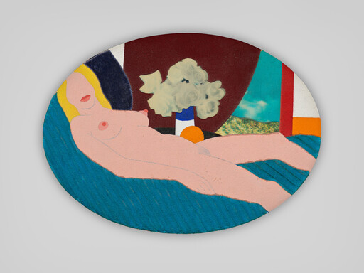 A stylized nude woman with blonde hair reclining on a blue surface beside a vase of flowers.