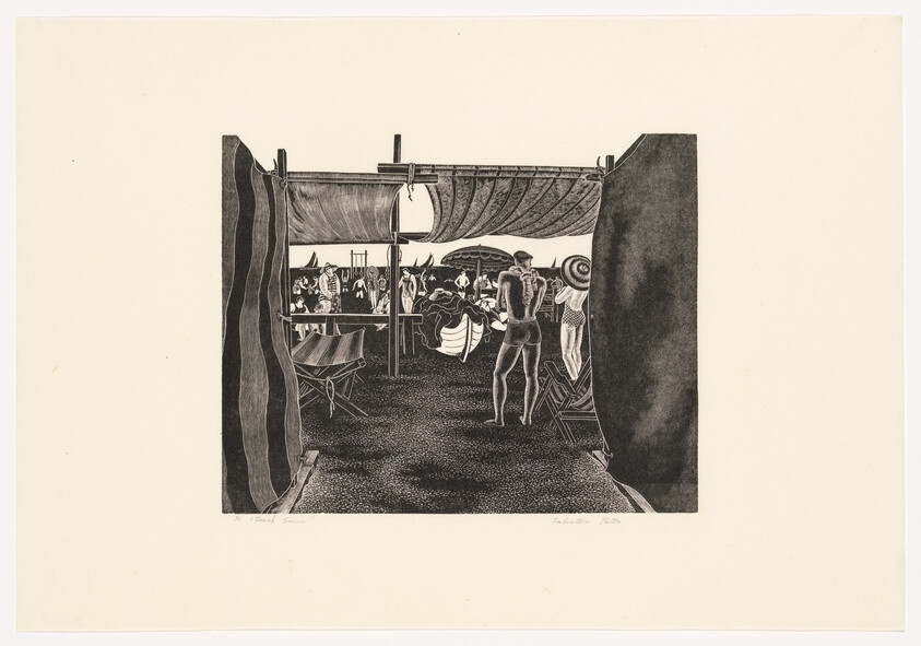 View through a shaded changing tent showing a man in a swimsuit and crowded beach umbrellas.