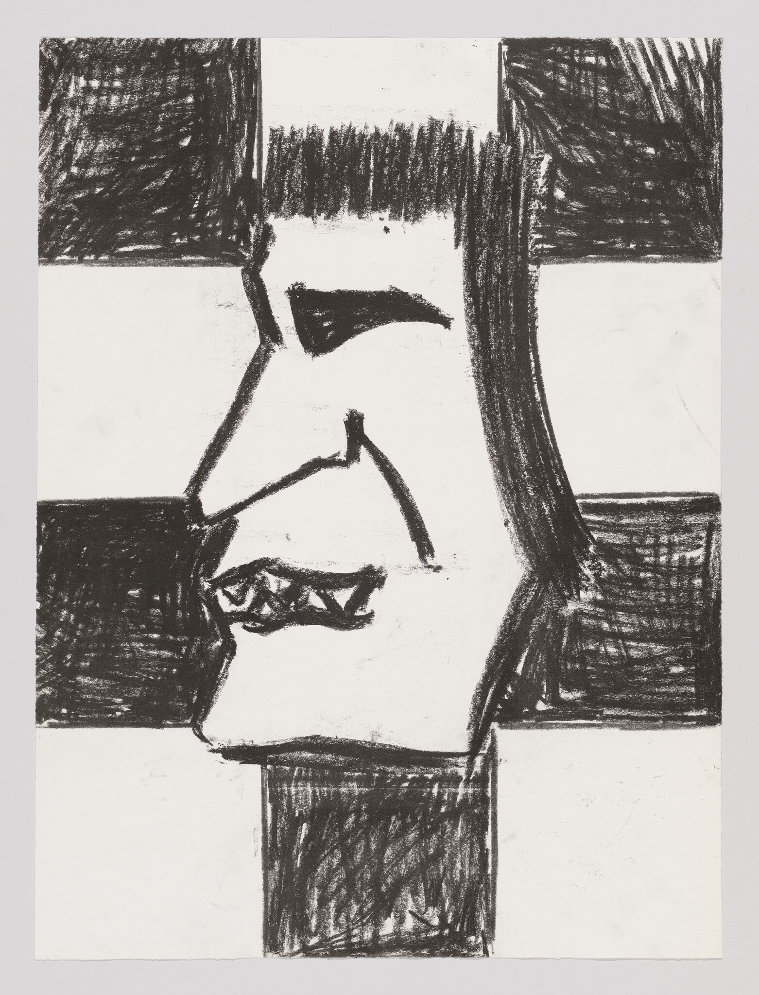 A charcoal sketch shows a stylized human profile with sharp teeth against a black-and-white checkerboard.