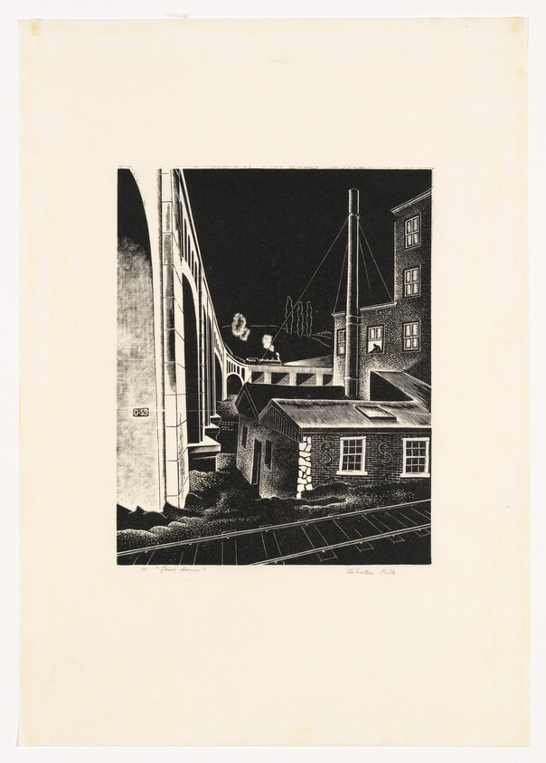 A nighttime industrial scene showing a viaduct, factory buildings, smokestack, and railroad tracks.