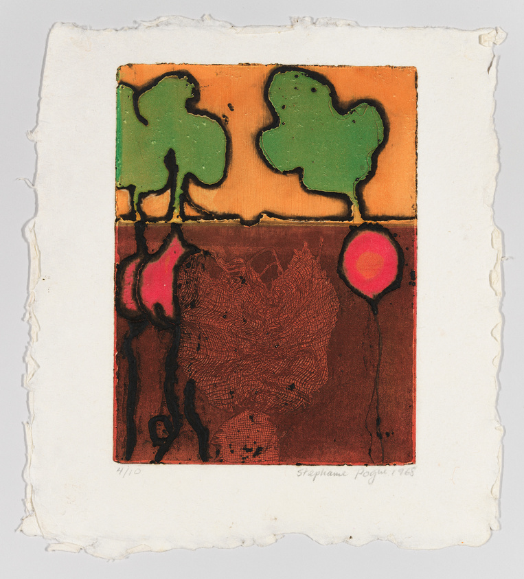 A textured abstract print with a vibrant color palette, featuring an upper section with two green blob-like shapes on an orange background, and a lower section with intricate red and black patterns on a brown background. There's a red circle with a yellow center on the right side. The artwork is on paper with rough edges, and there's a signature and date in the bottom right corner, along with a fraction indicating it's part of a limited series.